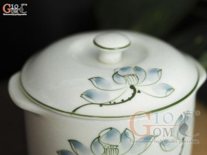 Bộ bát nắp men kem vẽ hoa Sen xanh, đường kính 12cm