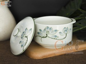 Bộ bát nắp men kem vẽ hoa Sen xanh, đường kính 12cm