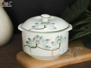Bộ bát nắp men kem vẽ hoa Sen xanh, đường kính 12cm