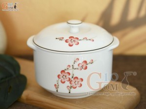 Bộ bát nắp men trắng vẽ hoa đào đỏ, đường kính 12cm