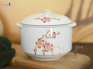 Bộ bát nắp men trắng vẽ hoa đào đỏ, đường kính 12cm