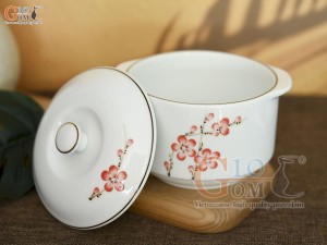 Bộ bát nắp men trắng vẽ hoa đào đỏ, đường kính 12cm