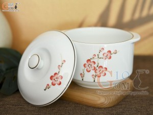 Bộ bát nắp men trắng vẽ hoa đào đỏ, đường kính 12cm