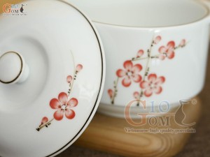 Bộ bát nắp men trắng vẽ hoa đào đỏ, đường kính 12cm