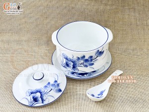 Bộ bát nắp men trắng vẽ sen tràm cổ