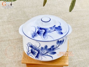 Bộ bát nắp men trắng vẽ sen tràm cổ