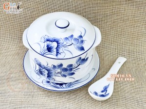 Bộ bát nắp men trắng vẽ sen tràm cổ