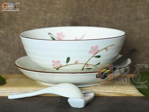 Bộ bát tô phở men kem vẽ hoa Đào phai, đường kính 20cm