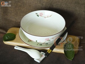 Bộ bát tô phở men kem vẽ hoa Đào phai, đường kính 20cm