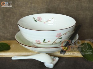 Bộ bát tô phở men kem vẽ hoa Đào phai, đường kính 20cm