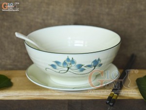 Bộ bát tô phở men kem vẽ hoa Sen xanh, đường kính 18cm