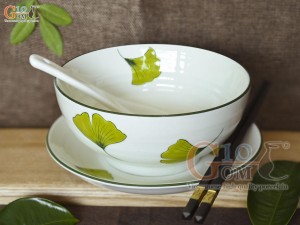 Bộ bát tô phở men kem vẽ lá Như Ý, đường kính 18cm