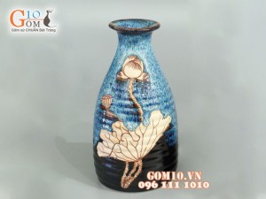Bình đầm cao men đơn sắc khắc sen đen 15cm