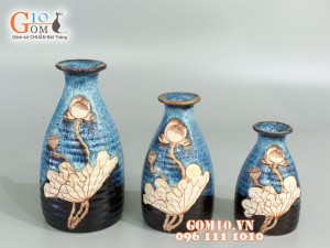 Bộ bình đầm cao men đơn sắc khắc sen xanh