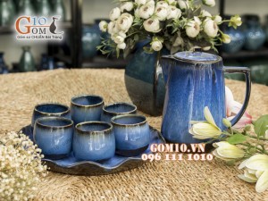 Bộ bình ngước cao men hỏa biến – khay lá sen, màu xanh biển