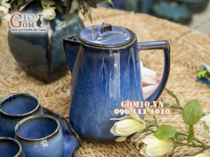 Bộ bình ngước cao men hỏa biến – khay lá sen, màu xanh biển