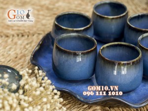 Bộ bình ngước cao men hỏa biến – khay lá sen, màu xanh biển