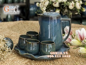 Bộ bình ngước cao men hỏa biến – khay lá sen, màu xanh debon