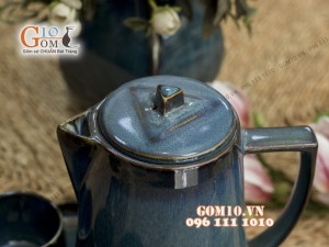 Bộ bình ngước cao men hỏa biến – khay lá sen, màu xanh debon