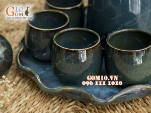 Bộ bình ngước cao men hỏa biến – khay lá sen, màu xanh debon