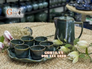 Bộ bình nước cao men hỏa biến, khay lá sen