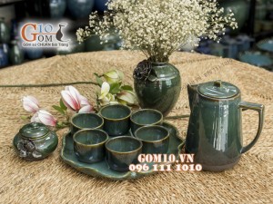 Bộ bình nước cao men hỏa biến, khay lá sen và phụ kiện