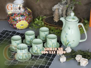 Bộ bình nước Đào Chuồn Ngọc chỉ xanh, Dung tích 1,5L