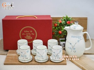 Bộ bình nước men kem vẽ Đào xanh in logo quà tặng