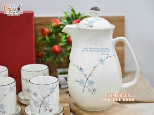 Bộ bình nước men kem vẽ Đào xanh in logo quà tặng