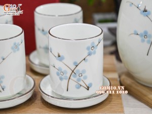 Bộ bình nước men kem vẽ Đào xanh in logo quà tặng