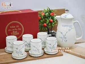 Bộ bình nước men kem vẽ Đào xanh in logo quà tặng