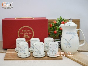 Bộ bình nước men kem vẽ Đào xanh in logo quà tặng