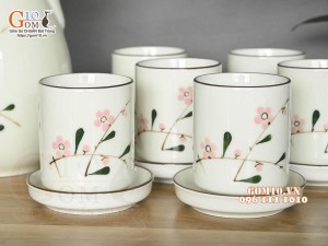 Bộ bình nước men kem vẽ hoa Đào phai, dung tích 1,5L