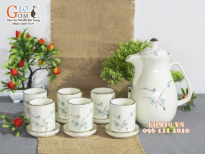 Bộ bình nước men kem vẽ hoa Đào xanh, dung tích 1,5L