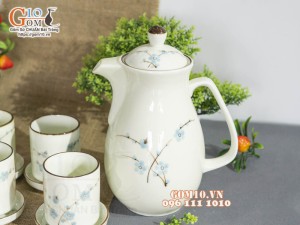 Bộ bình nước men kem vẽ hoa Đào xanh, dung tích 1,5L