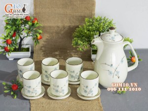 Bộ bình nước men kem vẽ hoa Đào xanh, dung tích 1,5L