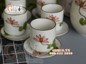 Bộ bình nước men kem vẽ Sen đỏ chỉ nâu, Dung tích 1,5L