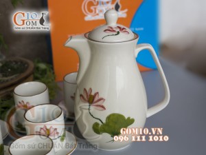 Bộ bình nước men kem vẽ Sen đỏ chỉ nâu, Dung tích 1,5L