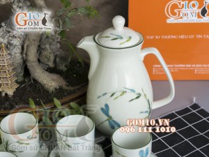 Bộ bình nước men kem vẽ Trúc Chuồn chỉ xanh, Dung tích 1,5L