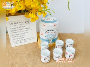 Bộ bình nước men trắng vẽ Doremon chỉ xanh 2,5 Lít