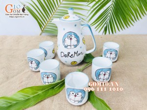 Bộ bình nước men trắng vẽ Doremon, 1,5L