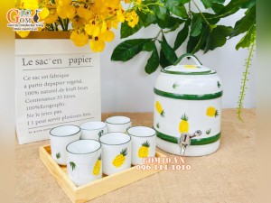 Bộ bình nước men trắng vẽ dứa chỉ xanh 2,5 Lít