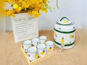 Bộ bình nước men trắng vẽ dứa chỉ xanh 2,5 Lít