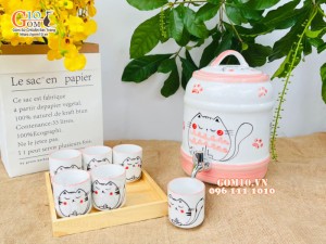 Bộ bình nước men trắng vẽ Mèo Ú chỉ hồng 2,5 Lít
