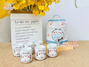Bộ bình nước men trắng vẽ Mèo Ú chỉ xanh 2,5 Lít
