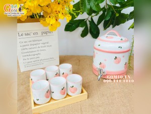 Bộ bình nước men trắng vẽ quả đào chỉ hồng 2,5 Lít