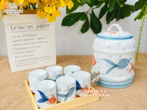 Bộ bình nước men trắng vẽ tiểu ngư 2,5 Lít