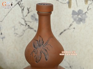Bộ bình rượu gốm 2 bầu khắc Sen, 1,2 Lít