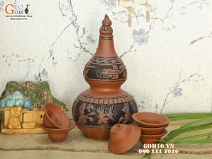 Bộ bình rượu gốm 2 bầu khắc Trống Đồng nắp hồ lô, 1,2 Lít