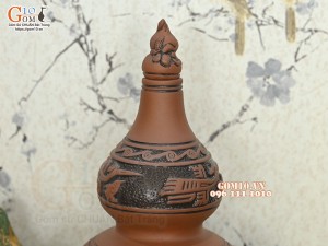 Bộ bình rượu gốm 2 bầu khắc Trống Đồng nắp hồ lô, 1,2 Lít